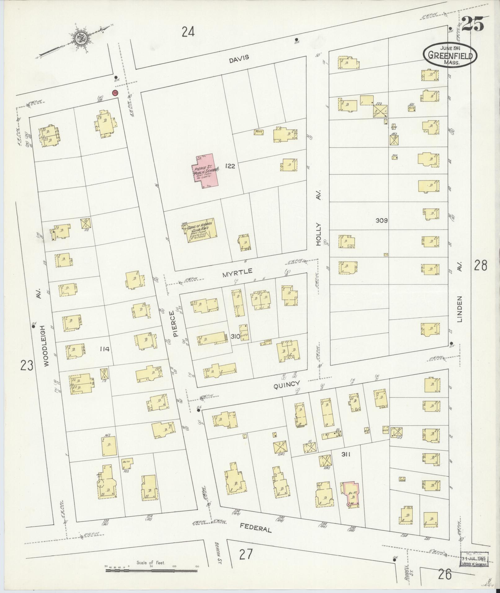Sanborn Fire Insurance Map from Greenfield, Franklin County, Massachusetts (1914), Sheet #0025 - Historic Sanborn Fire Insurance Map Print, vintage old map wall art, antique decor, genealogy gift, Massachusetts Massachusetts map