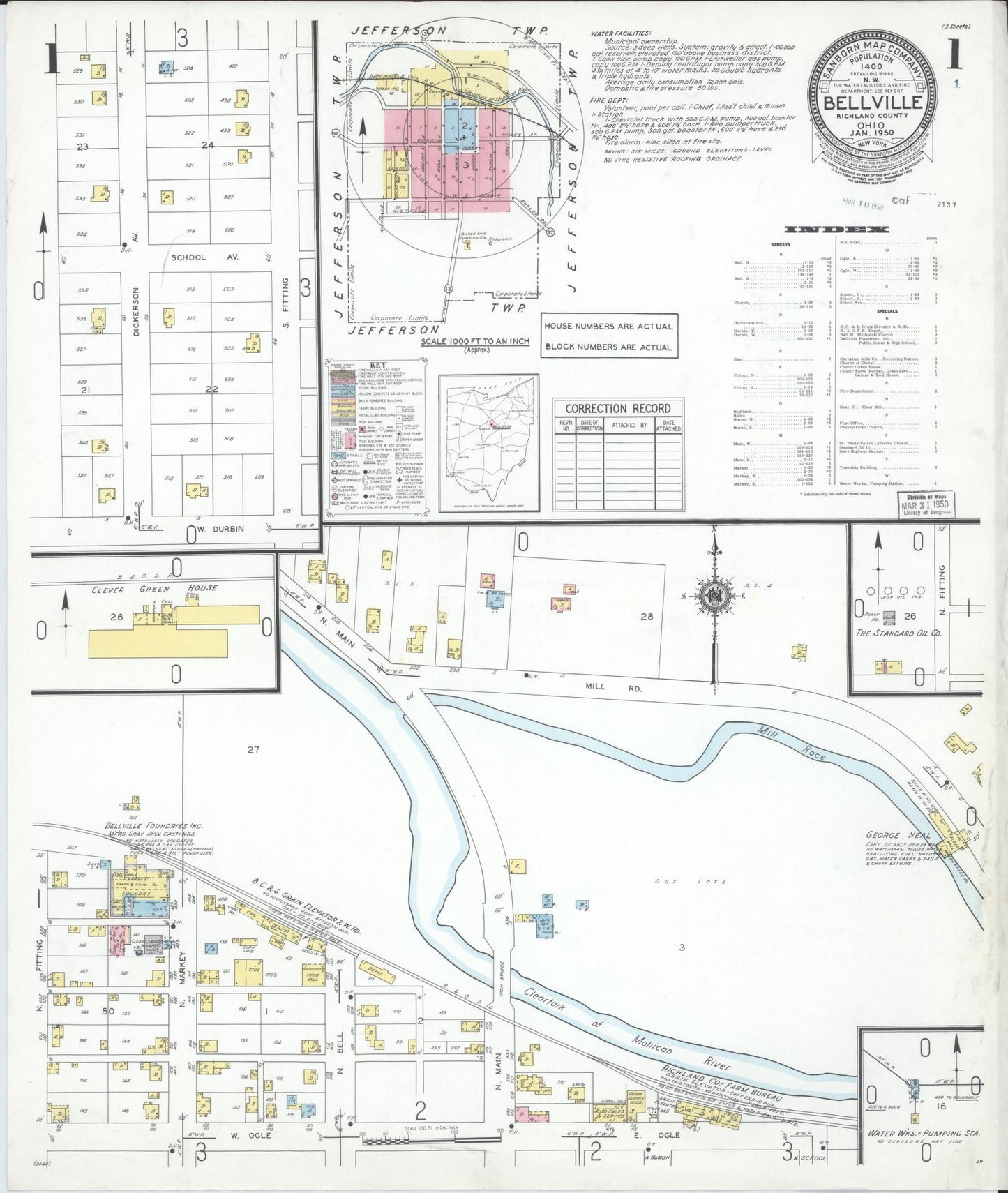 Sanborn Fire Insurance Map from Bellville, Richland County, Ohio (1950), Sheet #0001 - Complete Map Set gallery image, historic Sanborn map, vintage wall art, Ohio Ohio