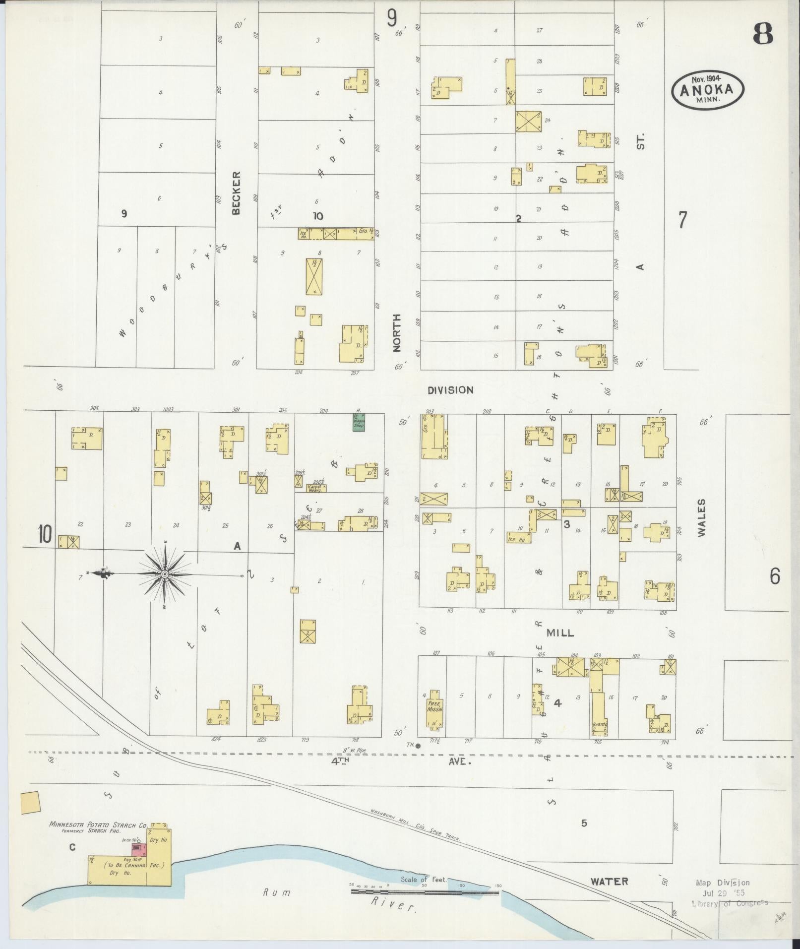 Sanborn Fire Insurance Map from Anoka, Anoka County, Minnesota (1904), Sheet #0008 - Complete Map Set gallery image, historic Sanborn map, vintage wall art, Minnesota Minnesota