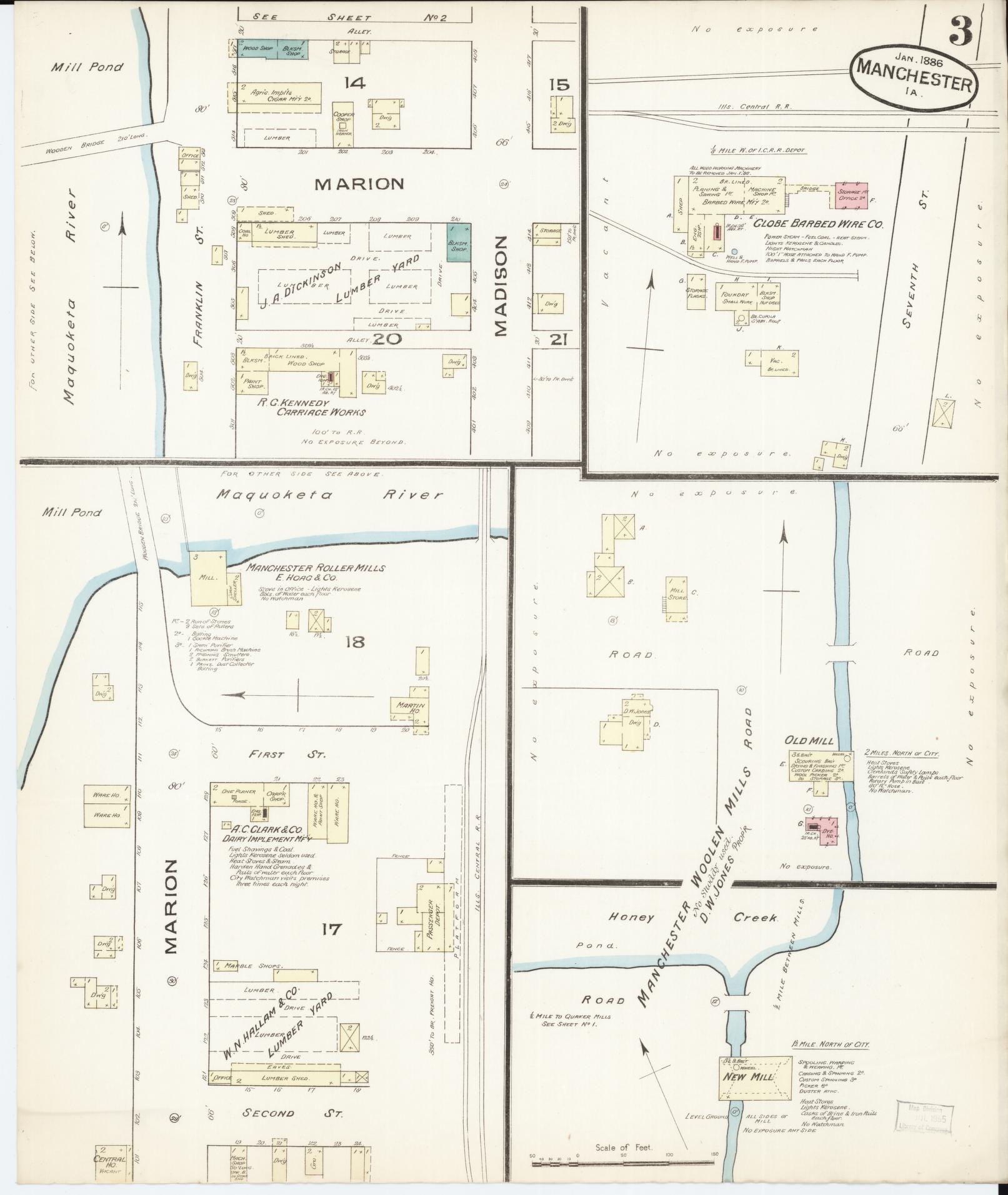 Sanborn Fire Insurance Map from Manchester, Delaware County, Iowa (1886), Sheet #0003 - Historic Sanborn Fire Insurance Map Print, vintage old map wall art, antique decor, genealogy gift, Manchester Delaware map