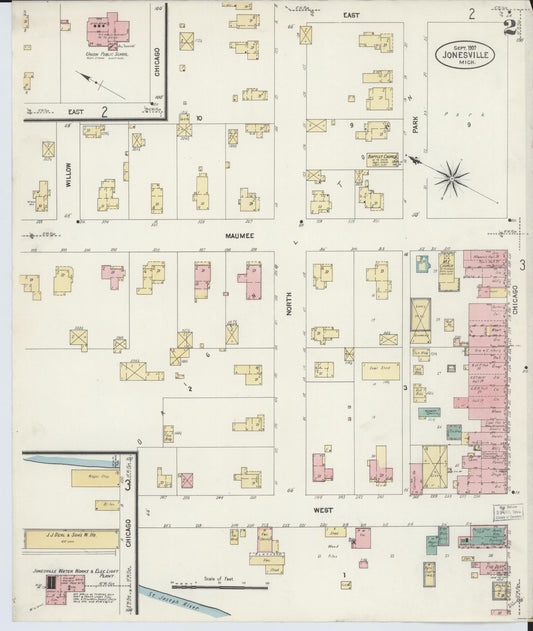 Sanborn Fire Insurance Map from Jonesville, Hillsdale County, Michigan (1907), Sheet #0002 - Historic Sanborn Fire Insurance Map Print, vintage old map wall art, antique decor, genealogy gift, Michigan Michigan map