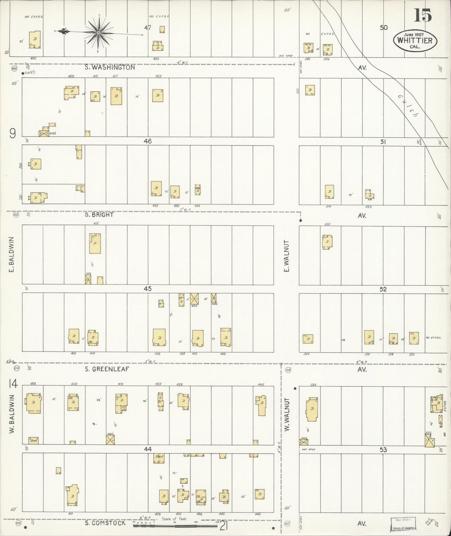 Sanborn Fire Insurance Map from Whittier, Los Angeles County, California (1907), Sheet #0015 - Complete Map Set gallery image, historic Sanborn map, vintage wall art, California California