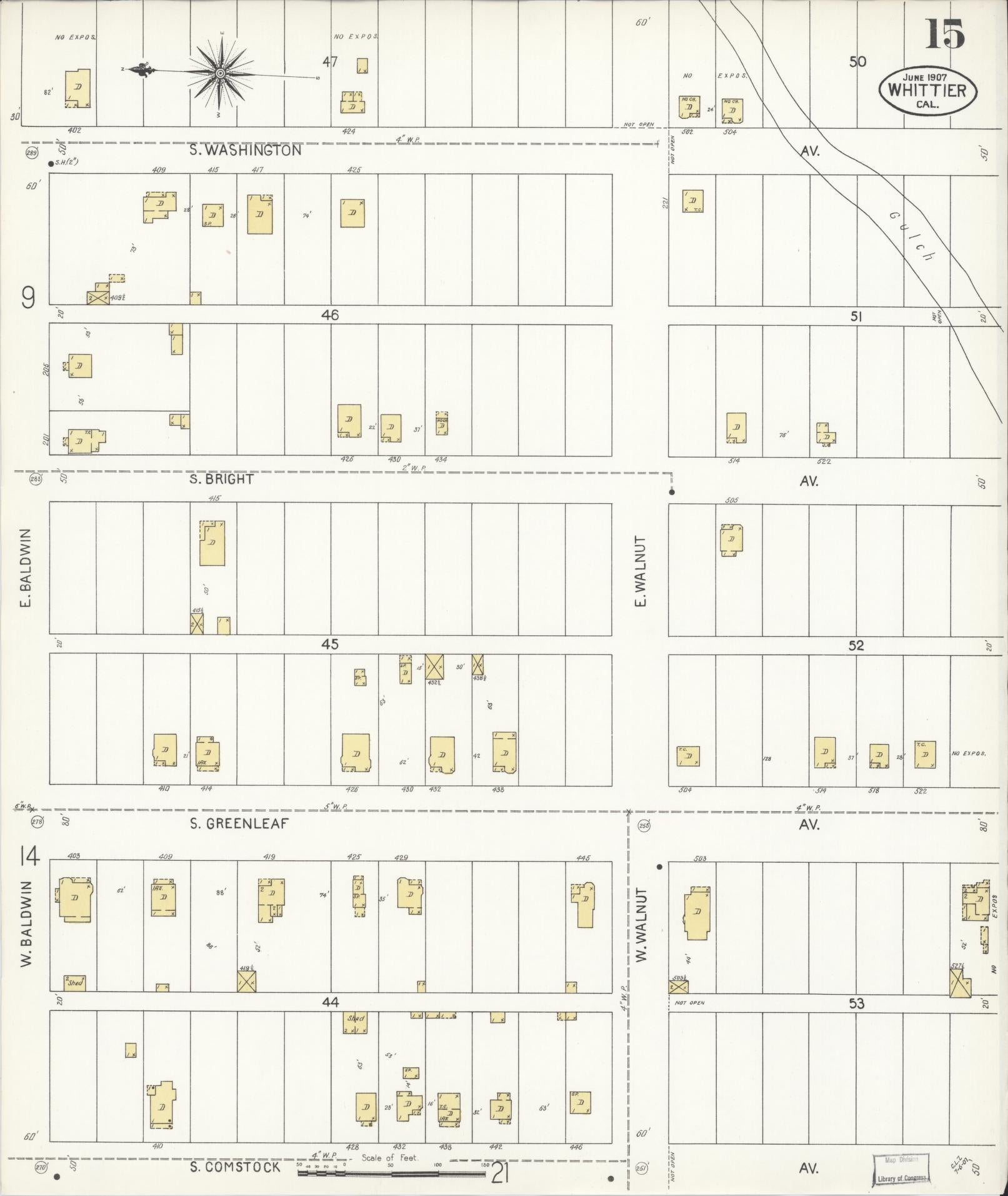 Sanborn Fire Insurance Map from Whittier, Los Angeles County, California (1907), Sheet #0015 - Complete Map Set gallery image, historic Sanborn map, vintage wall art, California California