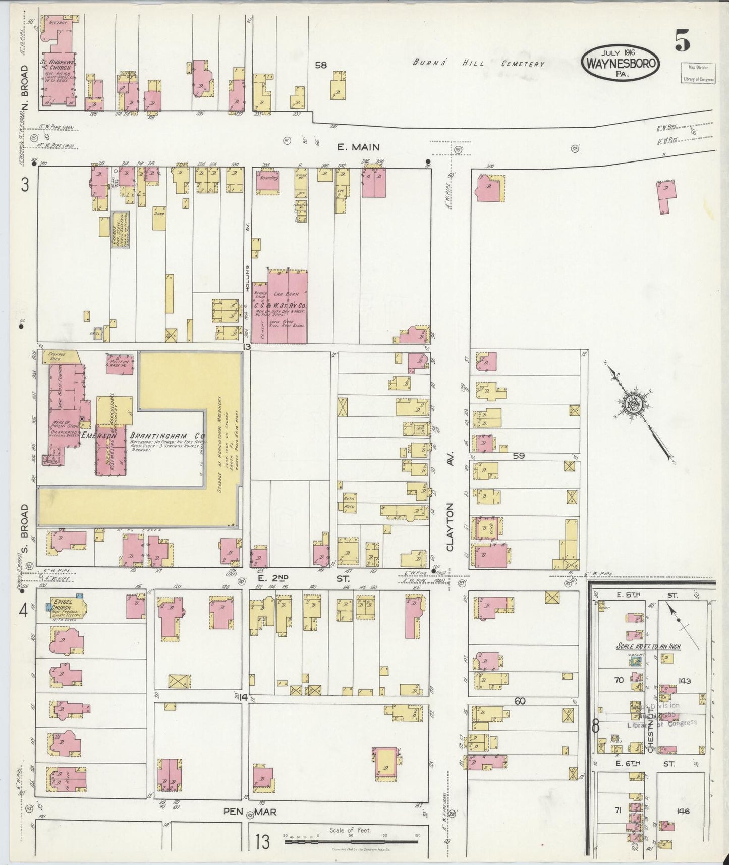 Sanborn Fire Insurance Map from Waynesboro, Franklin County, Pennsylvania (1916), Sheet #0005 - Historic Sanborn Fire Insurance Map Print, vintage old map wall art, antique decor, genealogy gift, Pennsylvania Pennsylvania map