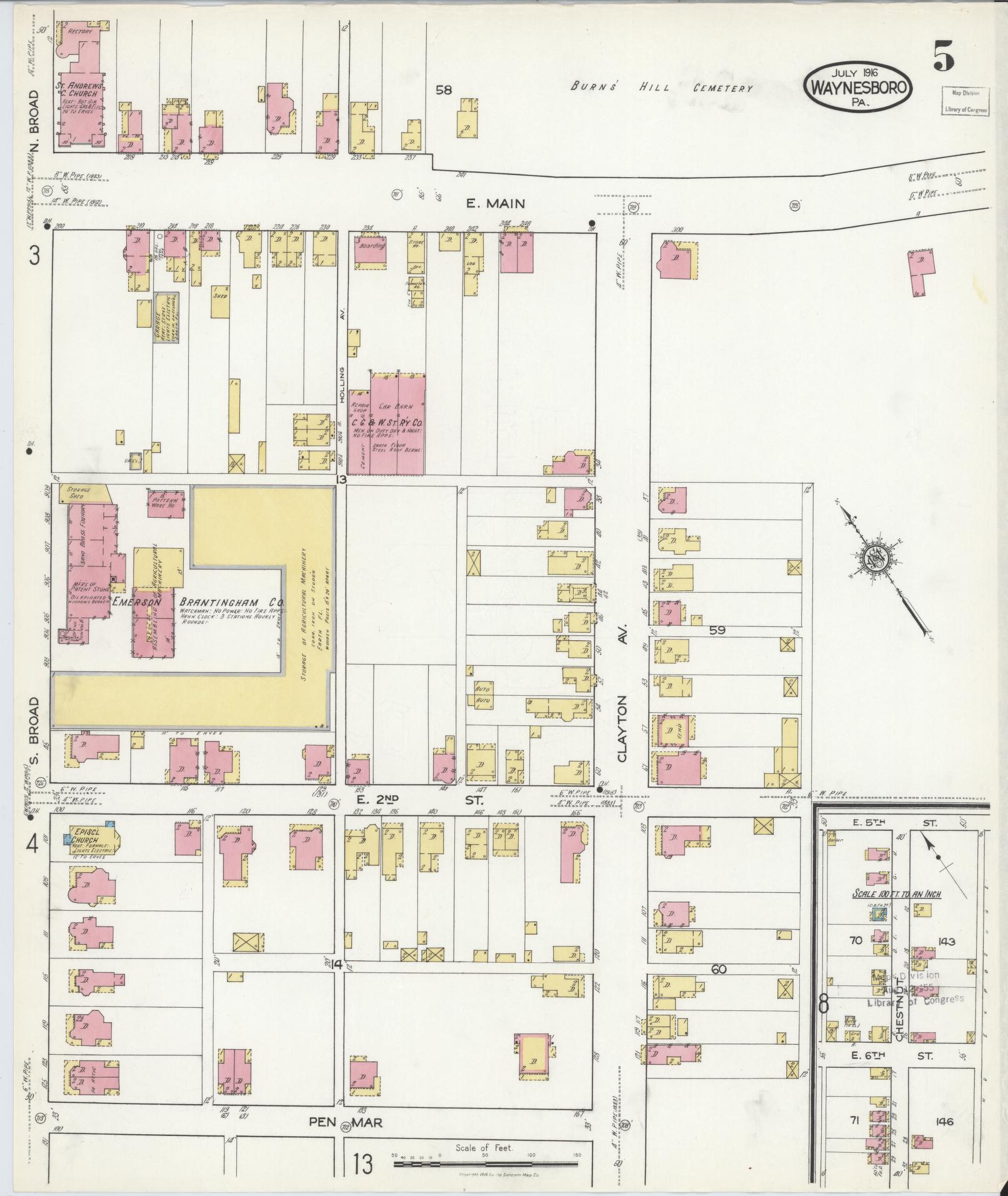Sanborn Fire Insurance Map from Waynesboro, Franklin County, Pennsylvania (1916), Sheet #0005 - Historic Sanborn Fire Insurance Map Print, vintage old map wall art, antique decor, genealogy gift, Pennsylvania Pennsylvania map