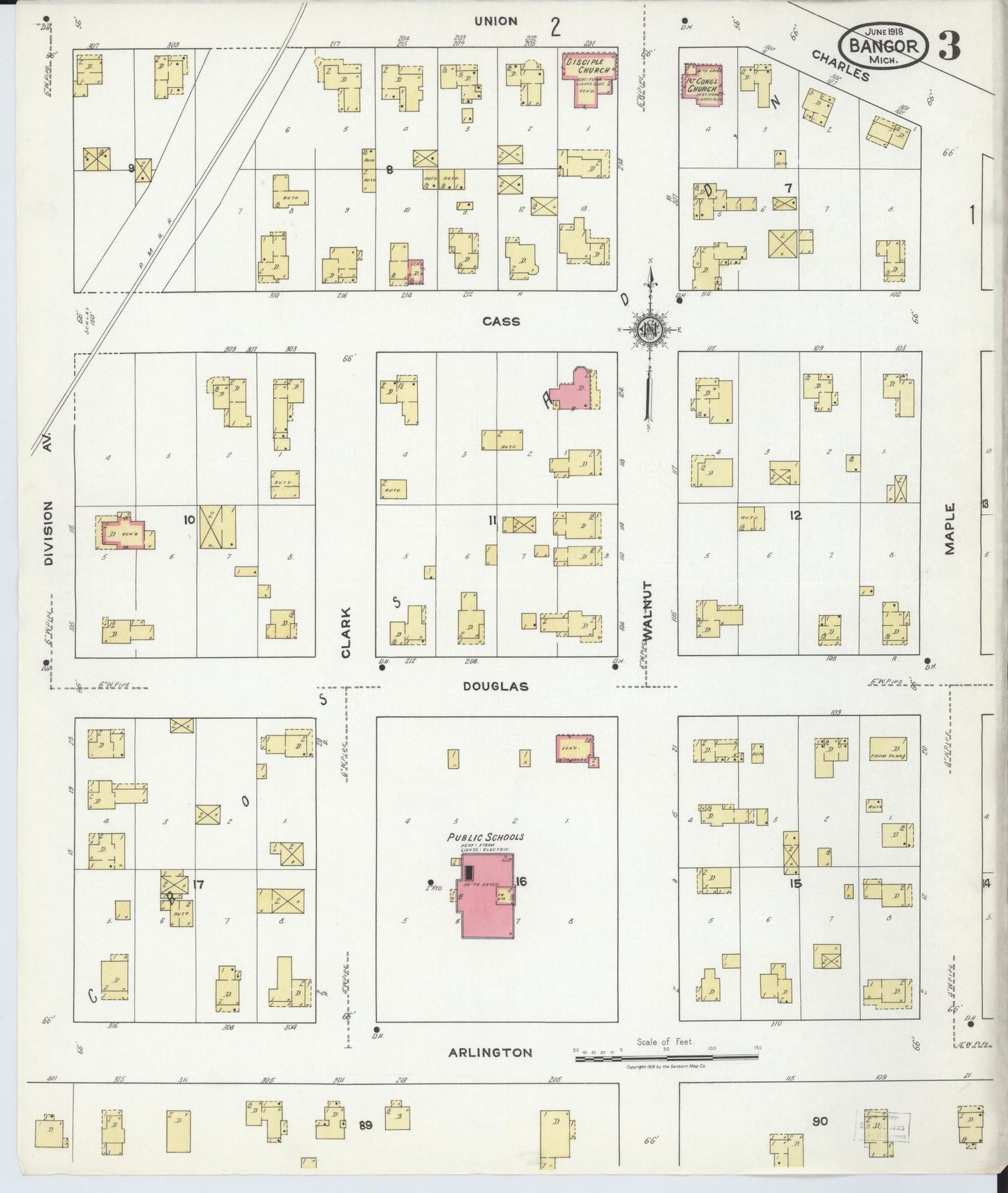 Sanborn Fire Insurance Map from Bangor, Van Buren County, Michigan (1918), Sheet #0003 - Complete Map Set gallery image, historic Sanborn map, vintage wall art, Michigan Michigan