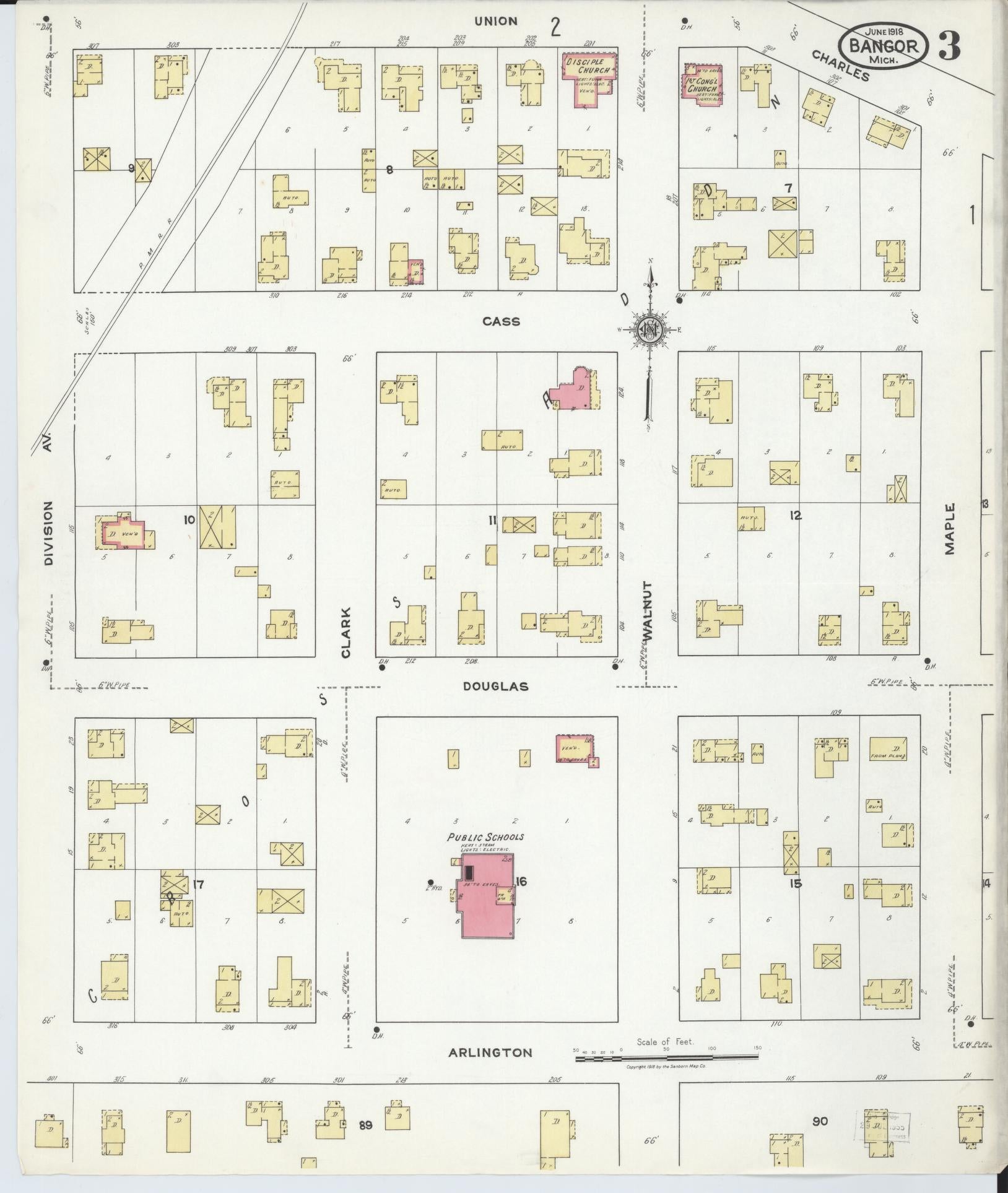 Sanborn Fire Insurance Map from Bangor, Van Buren County, Michigan (1918), Sheet #0003 - Complete Map Set gallery image, historic Sanborn map, vintage wall art, Michigan Michigan