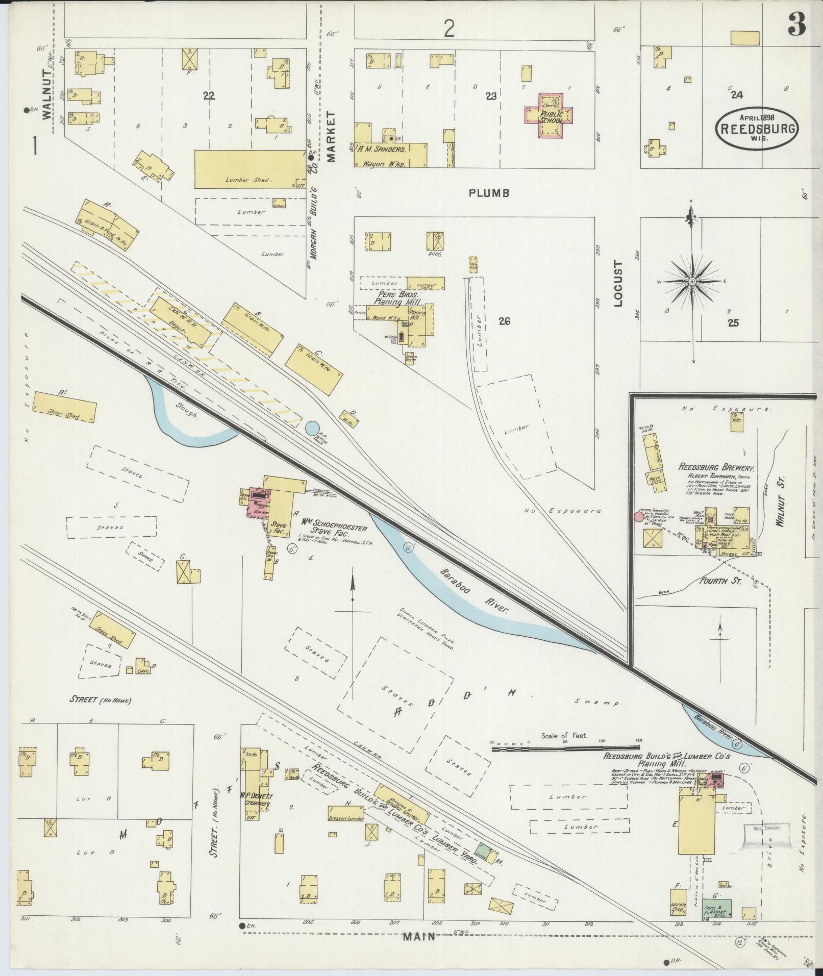 Sanborn Fire Insurance Map from Reedsburg, Sauk County, Wisconsin (1898), Sheet #0003 - Historic Sanborn Fire Insurance Map Print, vintage old map wall art, antique decor, genealogy gift, Wisconsin Wisconsin map