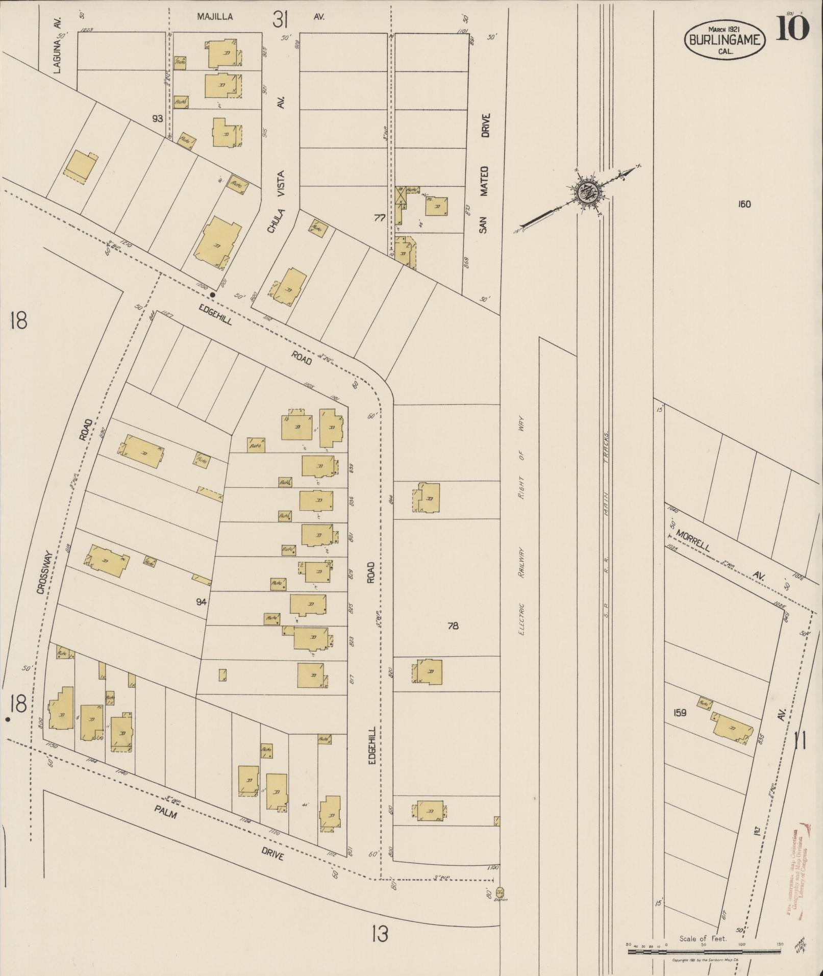 Sanborn Fire Insurance Map from Burlingame, San Mateo County, California (1921), Sheet #0010 - Historic Sanborn Fire Insurance Map Print, vintage old map wall art, antique decor, genealogy gift, California California map