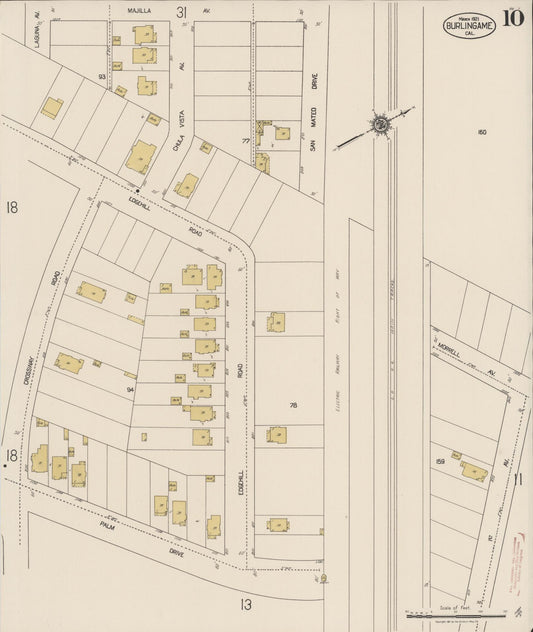 Sanborn Fire Insurance Map from Burlingame, San Mateo County, California (1921), Sheet #0010 - Historic Sanborn Fire Insurance Map Print, vintage old map wall art, antique decor, genealogy gift, California California map