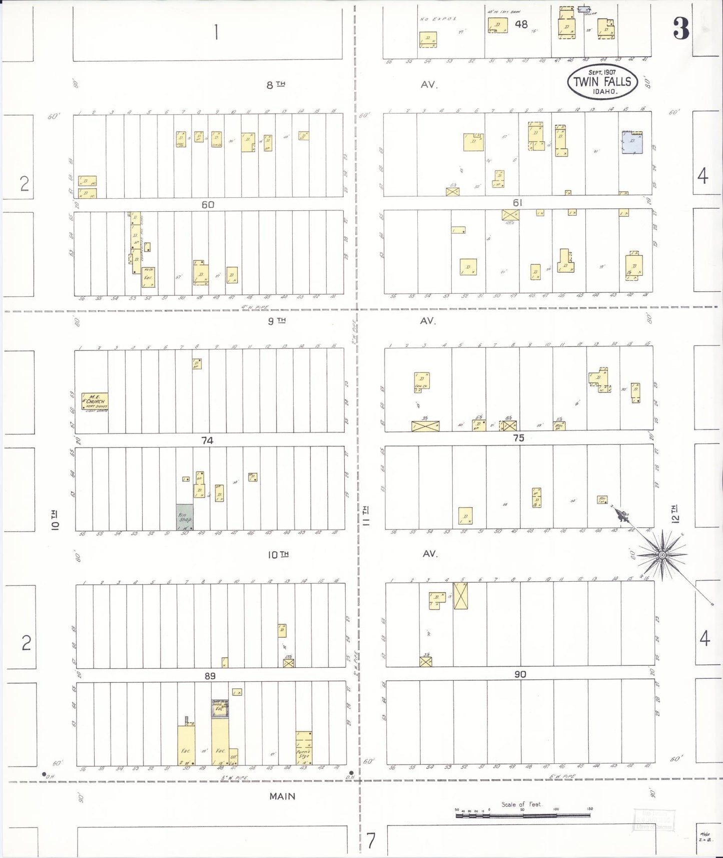 Sanborn Fire Insurance Map from Twin Falls, Twin Falls County, Idaho (1907), Sheet #0003 - Complete Map Set gallery image, historic Sanborn map, vintage wall art, Falls Idaho
