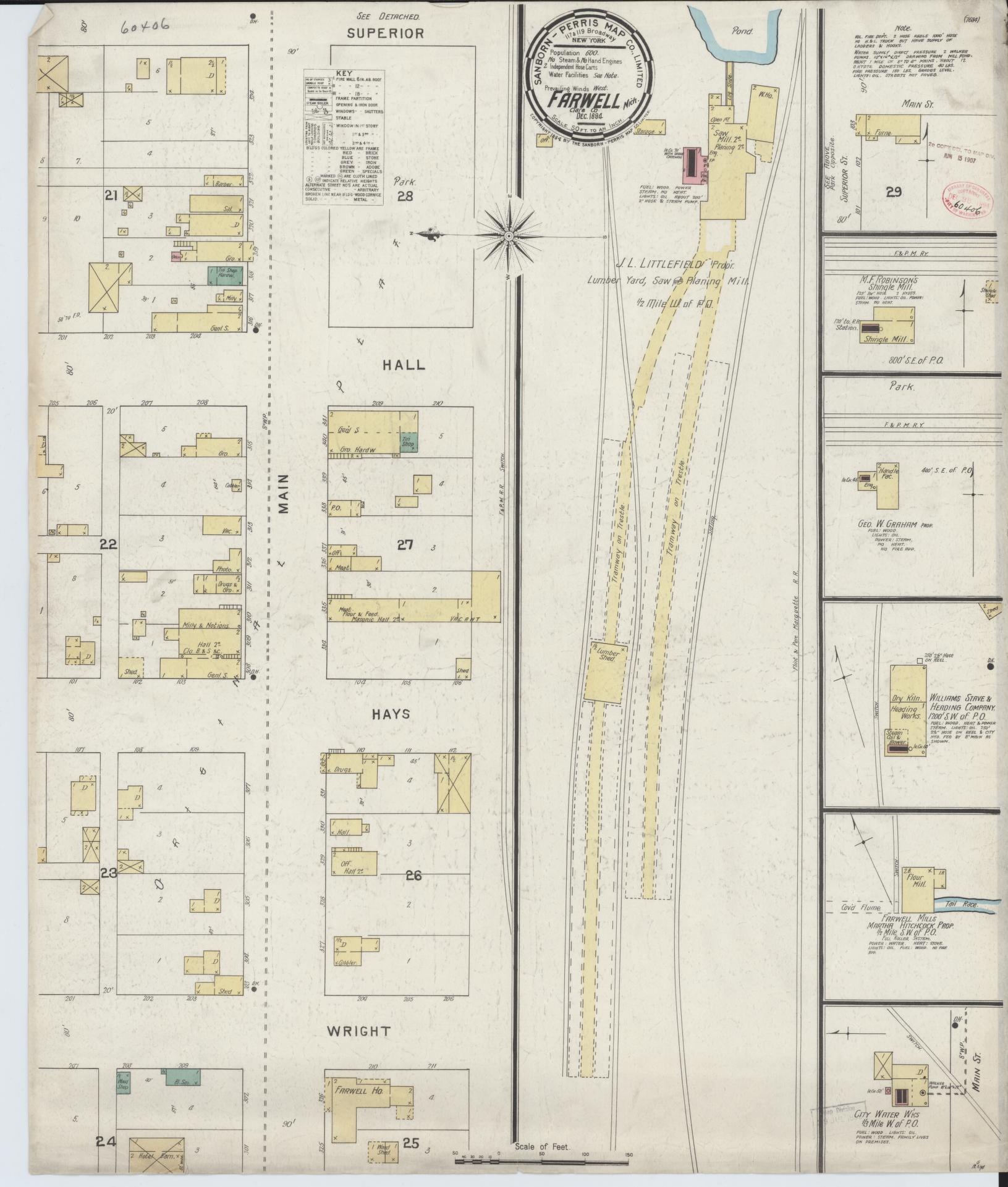 Sanborn Fire Insurance Map from Farwell, Clare County, Michigan (1894), Sheet #0001 - Historic Sanborn Fire Insurance Map Print, vintage old map wall art, antique decor, genealogy gift, Michigan Michigan map