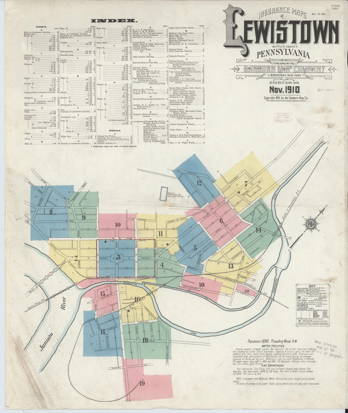 Sanborn Fire Insurance Map from Lewistown, Mifflin County, Pennsylvania (1910), Sheet #0001 - Historic Sanborn Fire Insurance Map Print, vintage old map wall art, antique decor, genealogy gift, Pennsylvania Pennsylvania map
