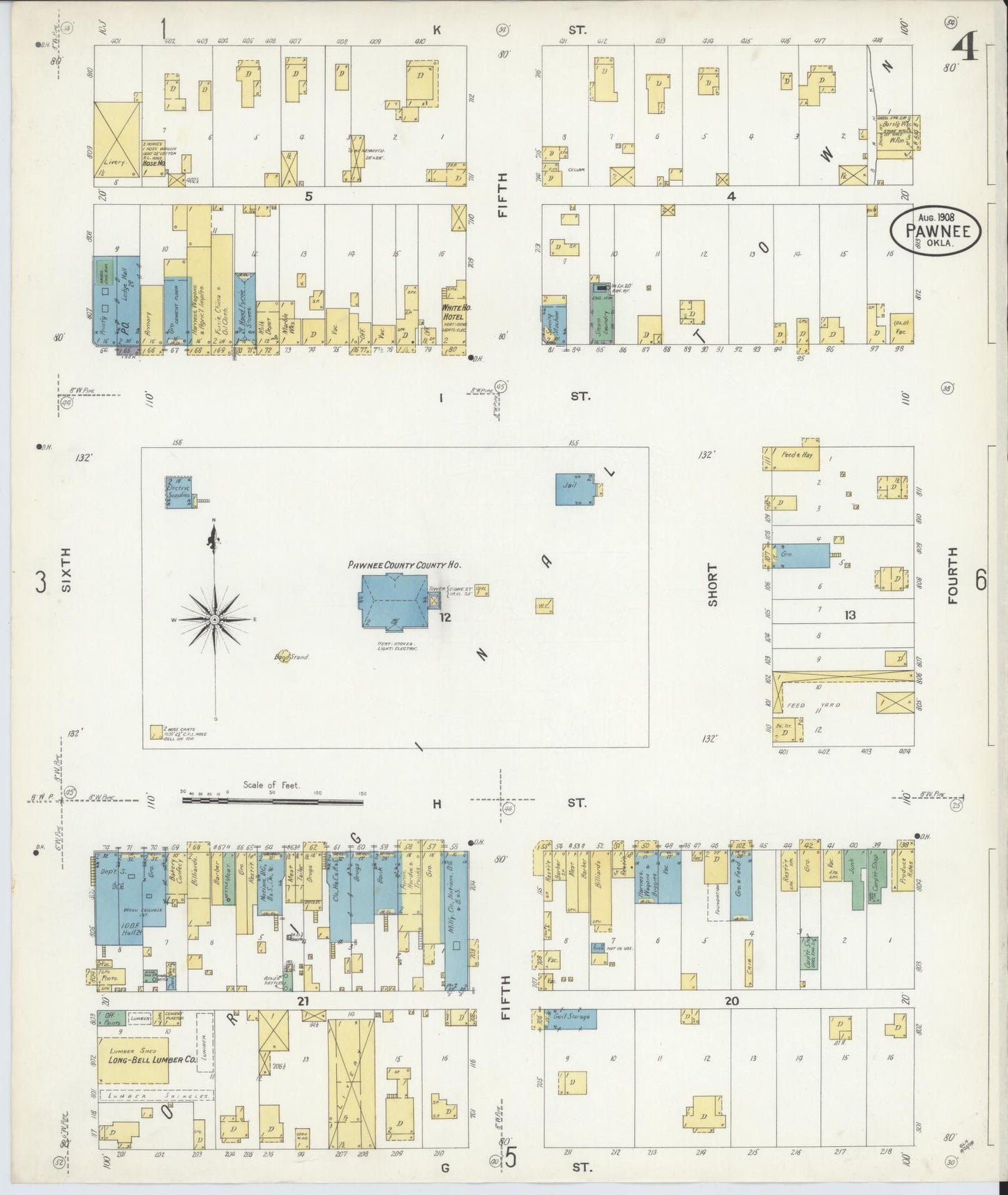 Sanborn Fire Insurance Map from Pawnee, Pawnee County, Oklahoma (1908), Sheet #0004 - Complete Map Set gallery image, historic Sanborn map, vintage wall art, Oklahoma Oklahoma