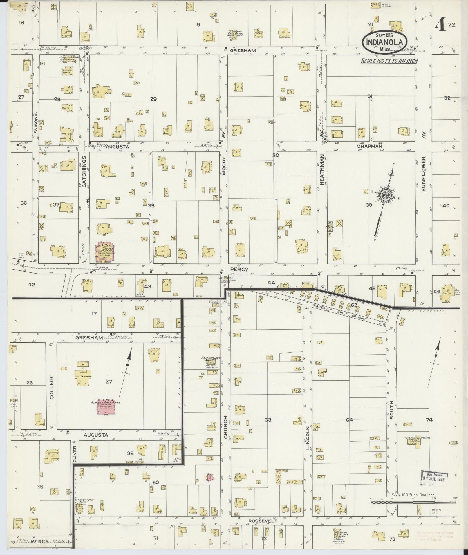 Sanborn Fire Insurance Map from Indianola, Sunflower County, Mississippi (1915), Sheet #0004 - Historic Sanborn Fire Insurance Map Print, vintage old map wall art, antique decor, genealogy gift, Mississippi Mississippi map