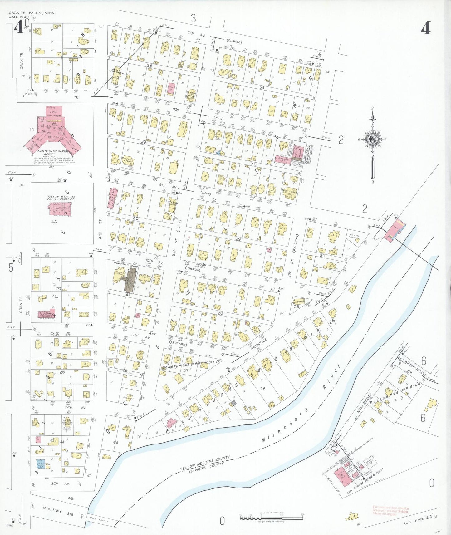 Sanborn Fire Insurance Map from Granite Falls, Yellow Medicine And Chippewa Counties, Minnesota (1949), Sheet #0004 - Historic Sanborn Fire Insurance Map Print, vintage old map wall art, antique decor, genealogy gift, Minnesota Minnesota map