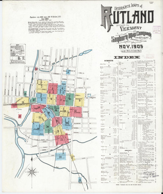 Sanborn Fire Insurance Map from Rutland, Rutland County, Vermont (1905), Sheet #0001 - Historic Sanborn Fire Insurance Map Print, vintage old map wall art, antique decor, genealogy gift, Vermont Vermont map