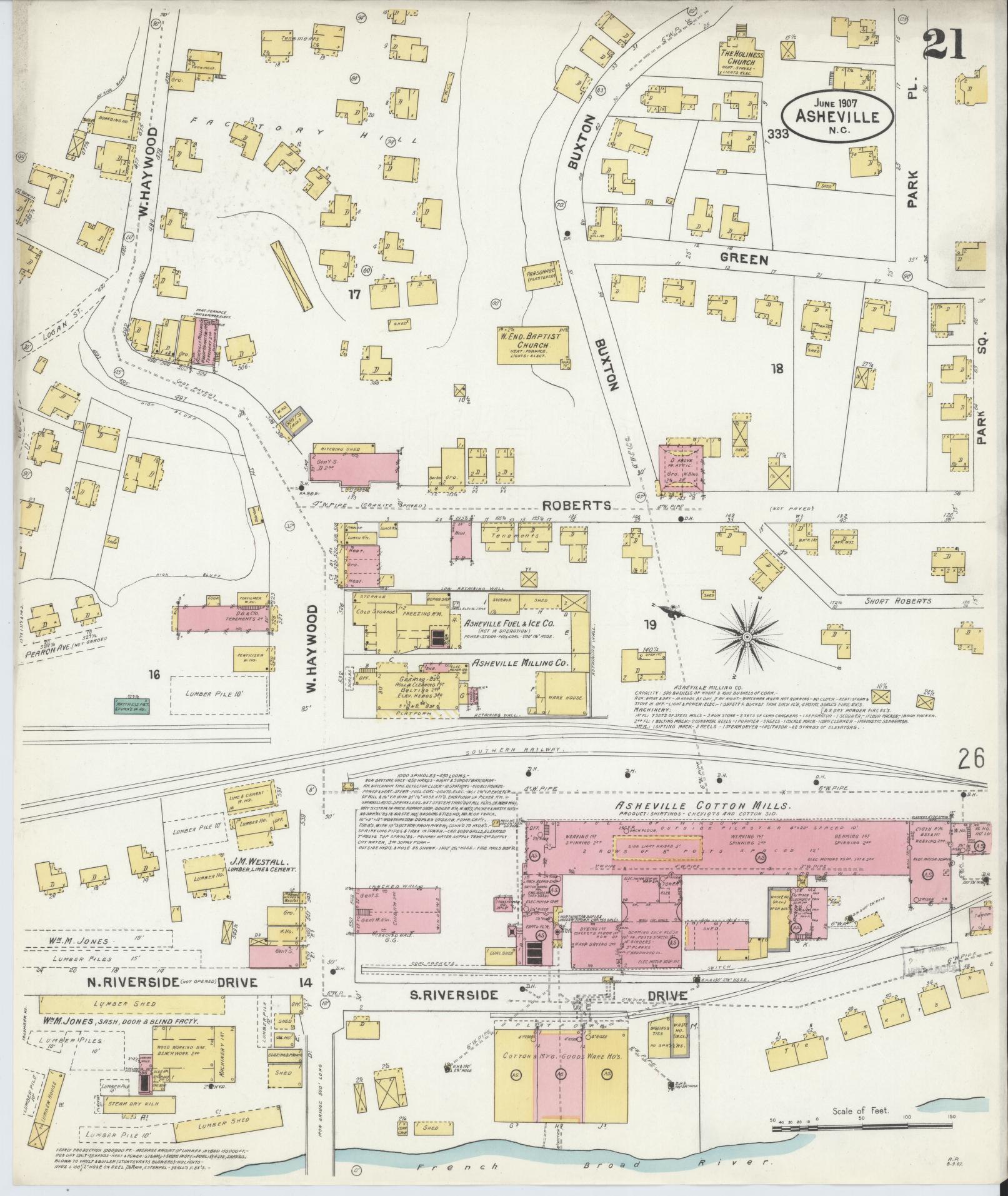 Sanborn Fire Insurance Map from Asheville, Buncombe County, North Carolina (1907), Sheet #0021 - Complete Map Set gallery image, historic Sanborn map, vintage wall art, North Carolina North Carolina