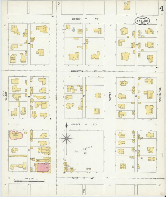 Sanborn Fire Insurance Map from Taylor, Williamson County, Texas (1904), Sheet #0004 - Historic Sanborn Fire Insurance Map Print, vintage old map wall art, antique decor, genealogy gift, Texas Texas map