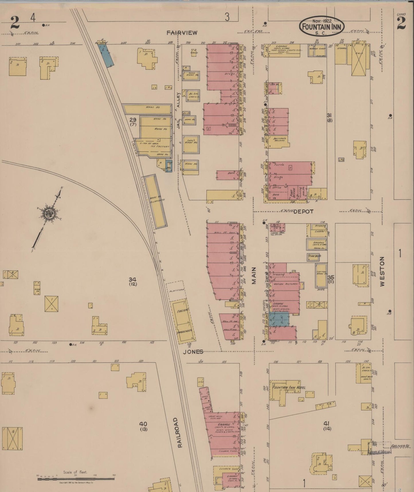 Sanborn Fire Insurance Map from Fountain Inn, Greenville And Laurens County, South Carolina (1922), Sheet #0002 - Historic Sanborn Fire Insurance Map Print, vintage old map wall art, antique decor, genealogy gift, South Carolina South Carolina map
