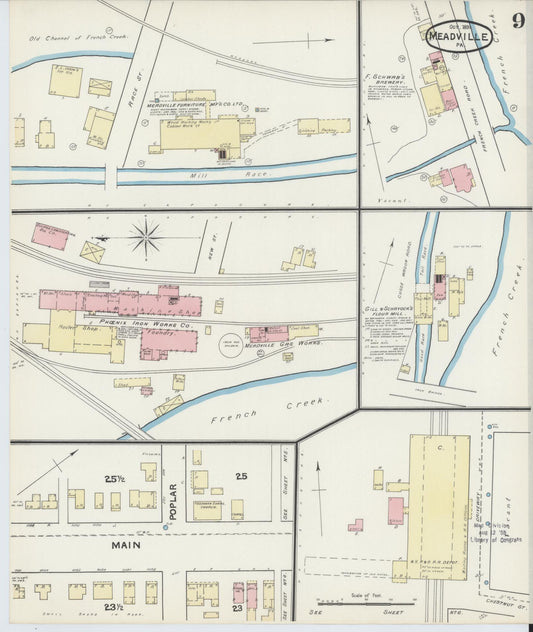 Sanborn Fire Insurance Map from Meadville, Crawford County, Pennsylvania (1891), Sheet #0009 - Historic Sanborn Fire Insurance Map Print, vintage old map wall art, antique decor, genealogy gift, Pennsylvania Pennsylvania map