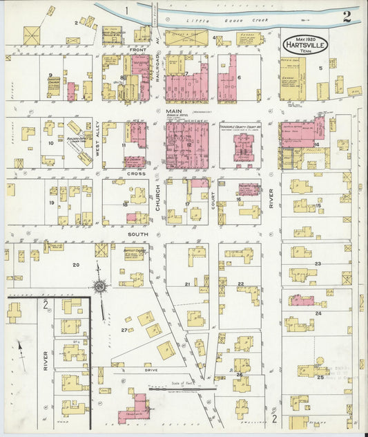 Sanborn Fire Insurance Map from Hartsville, Trousdale County, Tennessee (1920), Sheet #0002 - Historic Sanborn Fire Insurance Map Print, vintage old map wall art, antique decor, genealogy gift, Tennessee Tennessee map