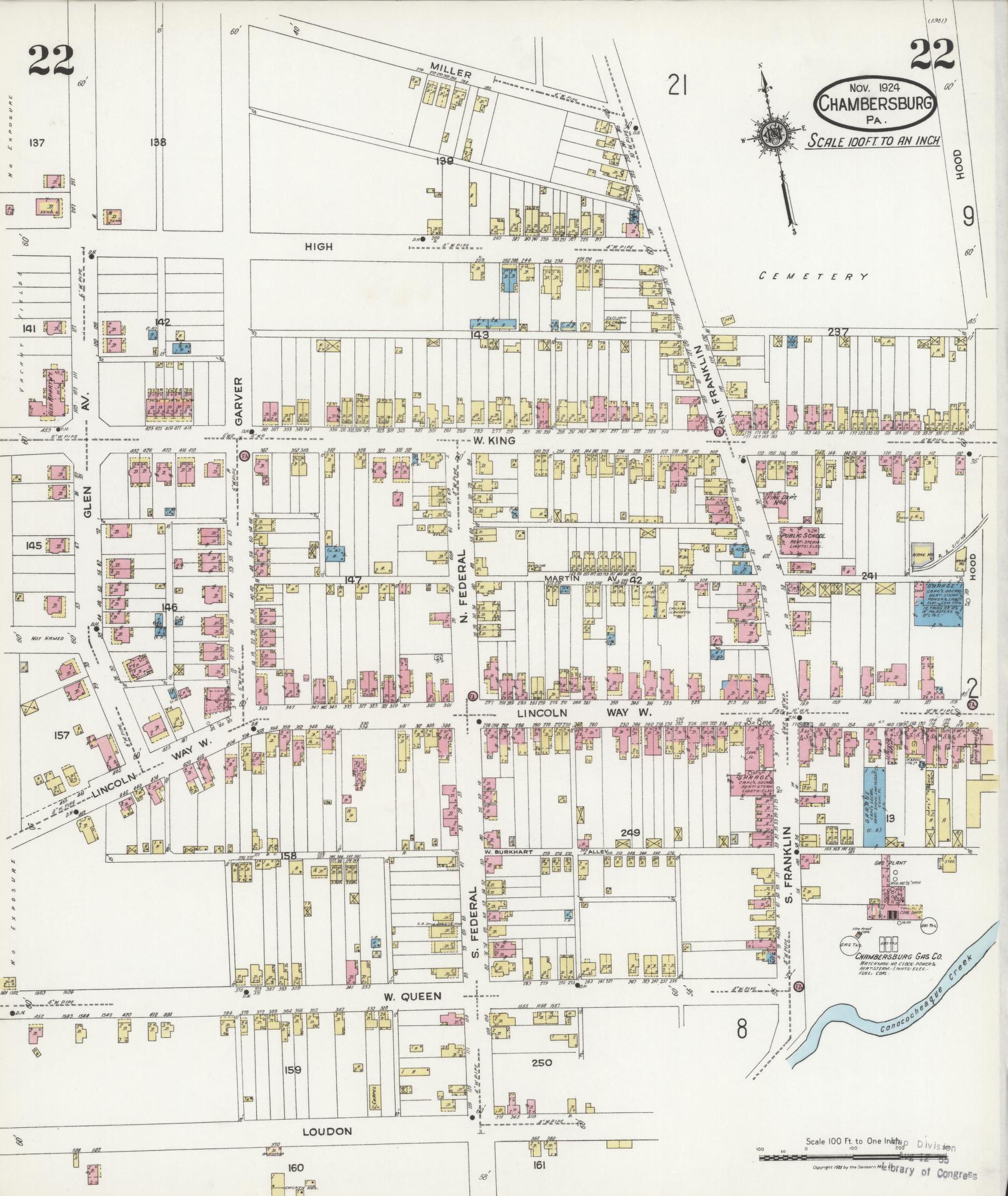 Sanborn Fire Insurance Map from Chambersburg, Franklin County, Pennsylvania (1924), Sheet #0022 - Historic Sanborn Fire Insurance Map Print, vintage old map wall art, antique decor, genealogy gift, Pennsylvania Pennsylvania map