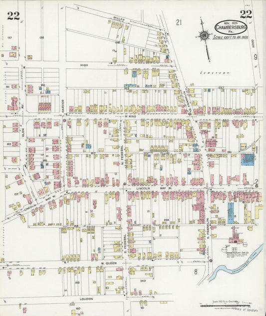 Sanborn Fire Insurance Map from Chambersburg, Franklin County, Pennsylvania (1924), Sheet #0022 - Historic Sanborn Fire Insurance Map Print, vintage old map wall art, antique decor, genealogy gift, Pennsylvania Pennsylvania map