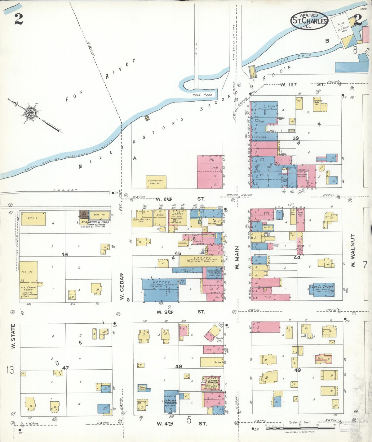 Sanborn Fire Insurance Map from Saint Charles, Kane County, Illinois (1923), Sheet #0002 - Historic Sanborn Fire Insurance Map Print, vintage old map wall art, antique decor, genealogy gift, Illinois Illinois map