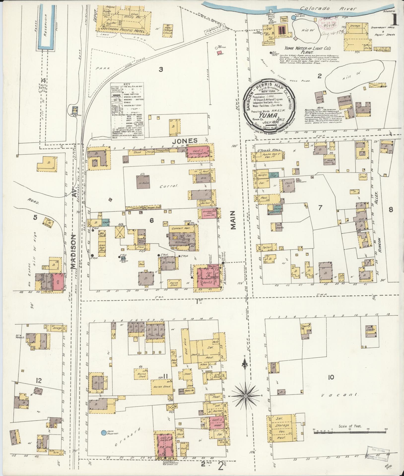Sanborn Fire Insurance Map from Yuma, Yuma County, Arizona (1896), Sheet #0001 - Complete Map Set gallery image, historic Sanborn map, vintage wall art, Arizona Arizona
