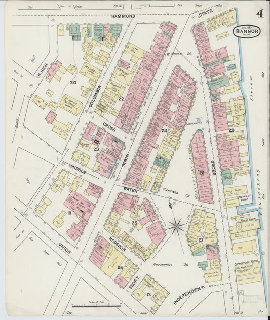 Sanborn Fire Insurance Map from Bangor, Penobscot County, Maine (1889), Sheet #0004 - Historic Sanborn Fire Insurance Map Print, vintage old map wall art, antique decor, genealogy gift, Maine Maine map