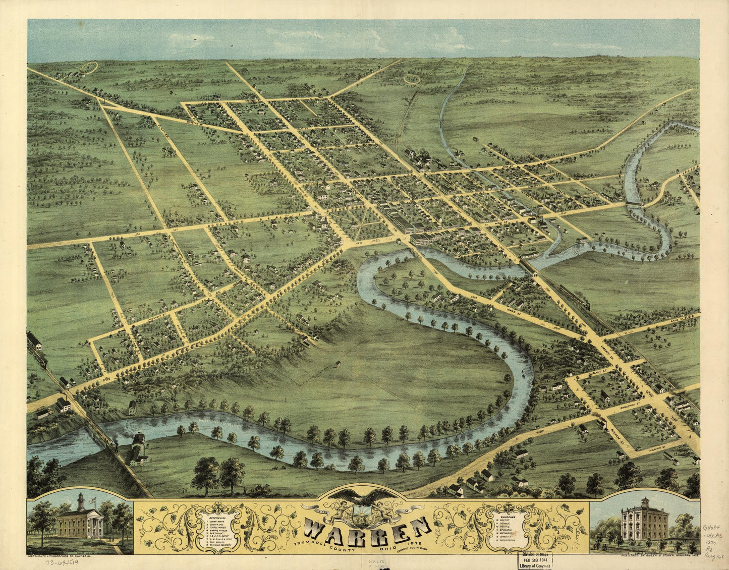 Bird's eye view of Warren, Trumbull County, Ohio 1870. (1870) – Historic Bird’s-Eye View Panorama Print