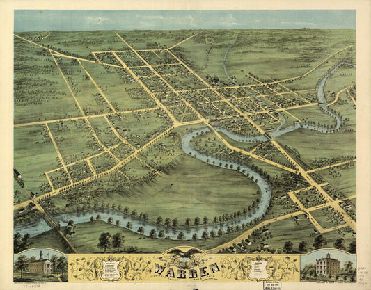 Bird's eye view of Warren, Trumbull County, Ohio 1870. (1870) – Historic Bird’s-Eye View Panorama Print