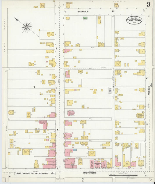 Sanborn Fire Insurance Map from Taneytown, Carroll County, Maryland (1904), Sheet #0003 - Historic Sanborn Fire Insurance Map Print, vintage old map wall art
