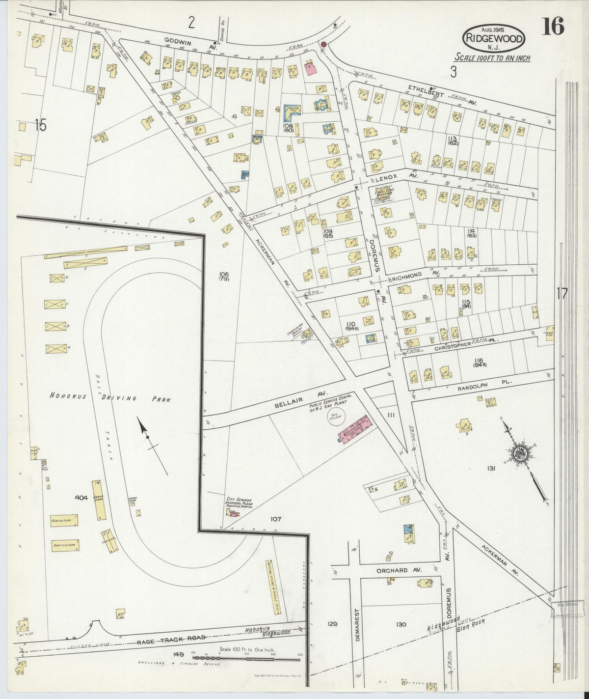 Sanborn Fire Insurance Map from Ridgewood, Bergen County, New Jersey (1916), Sheet #0016 - Complete Map Set gallery image, historic Sanborn map, vintage wall art, New Jersey New Jersey
