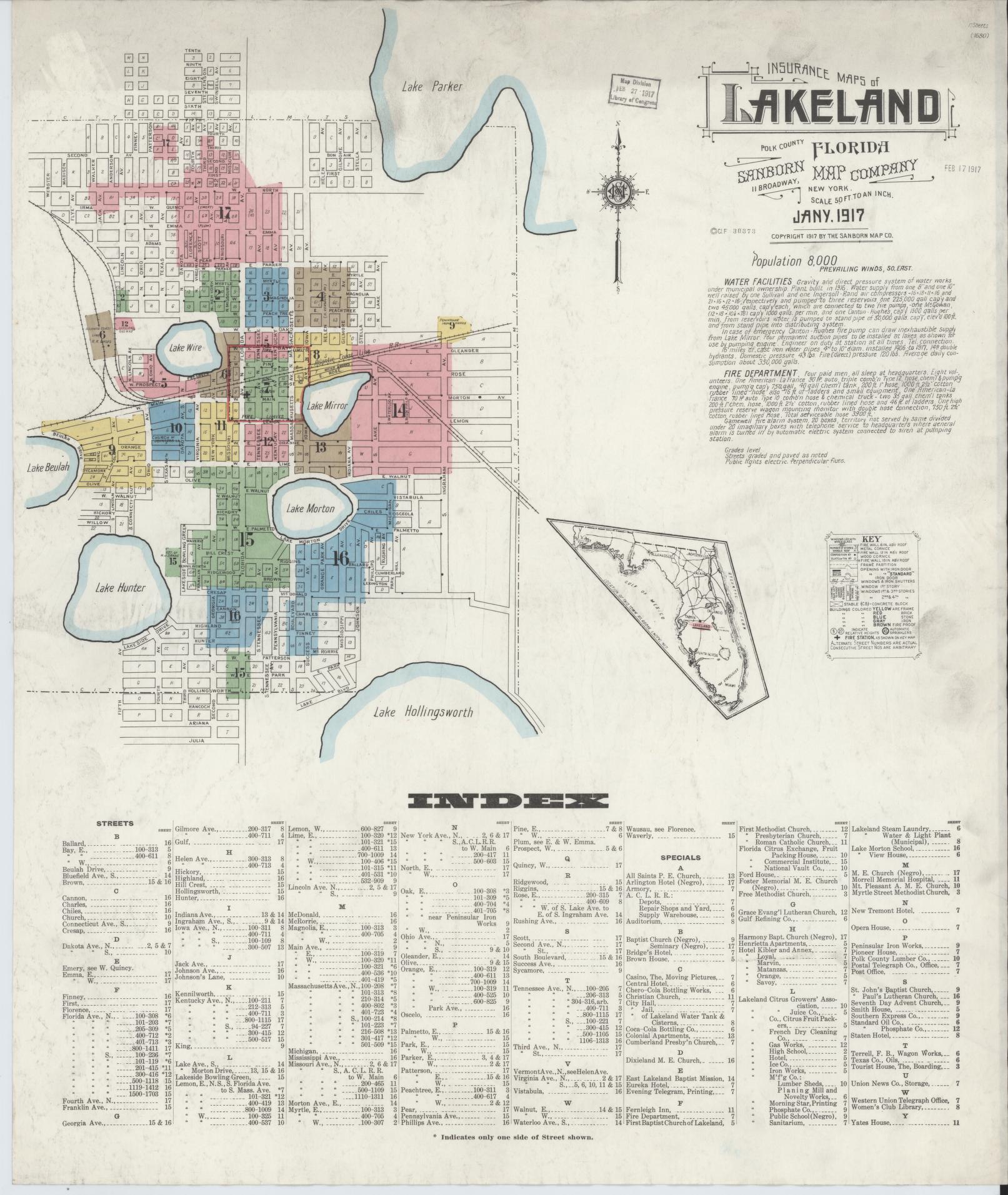 Sanborn Fire Insurance Map from Lakeland, Polk County, Florida (1917), Sheet #0001 - Complete Map Set gallery image, historic Sanborn map, vintage wall art, Florida Florida