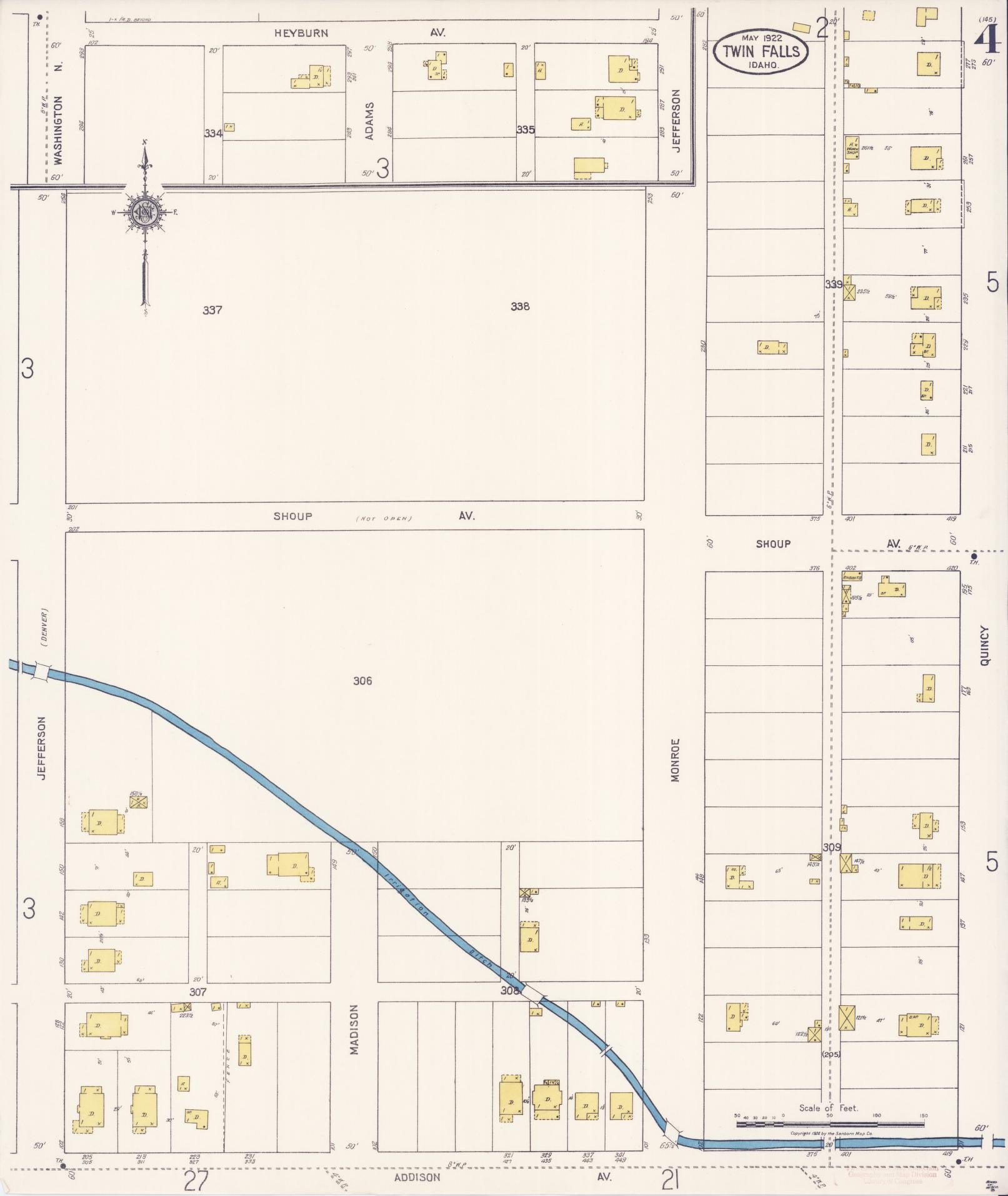 Sanborn Fire Insurance Map from Twin Falls, Twin Falls County, Idaho (1922), Sheet #0004 - Complete Map Set gallery image, historic Sanborn map, vintage wall art, Falls Idaho