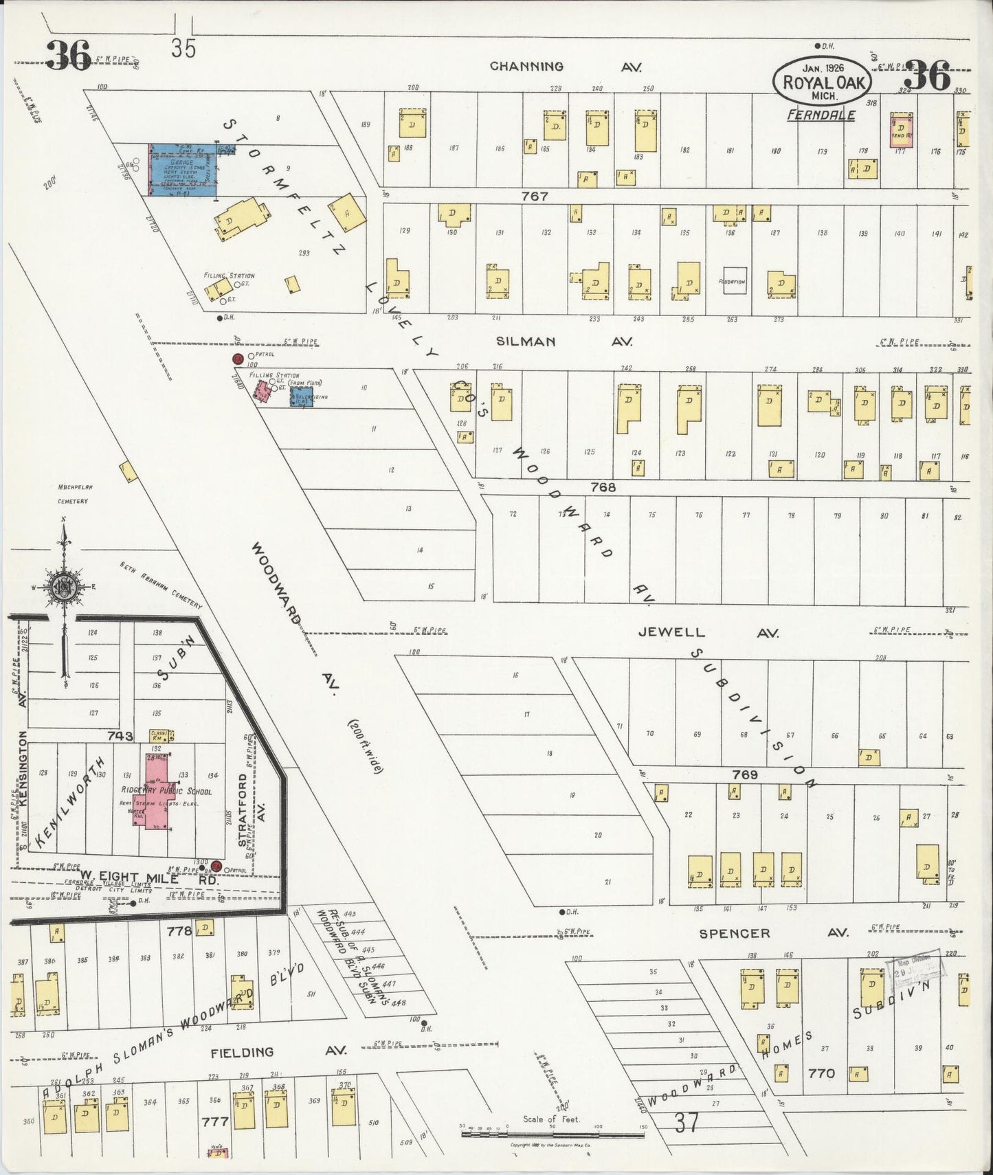 Sanborn Fire Insurance Map from Royal Oak, Oakland County, Michigan (1926), Sheet #0036 - Complete Map Set gallery image, historic Sanborn map, vintage wall art, Michigan Michigan