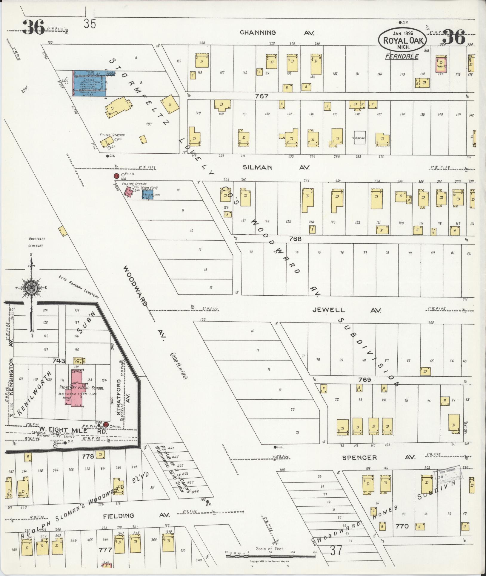 Sanborn Fire Insurance Map from Royal Oak, Oakland County, Michigan (1926), Sheet #0036 - Complete Map Set gallery image, historic Sanborn map, vintage wall art, Michigan Michigan
