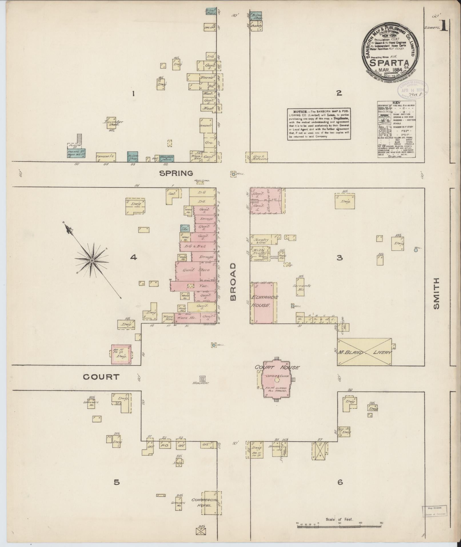 Sanborn Fire Insurance Map from Sparta, Hancock County, Georgia (1884), Sheet #0001 - Historic Sanborn Fire Insurance Map Print, vintage old map wall art, antique decor, genealogy gift, Georgia Georgia map
