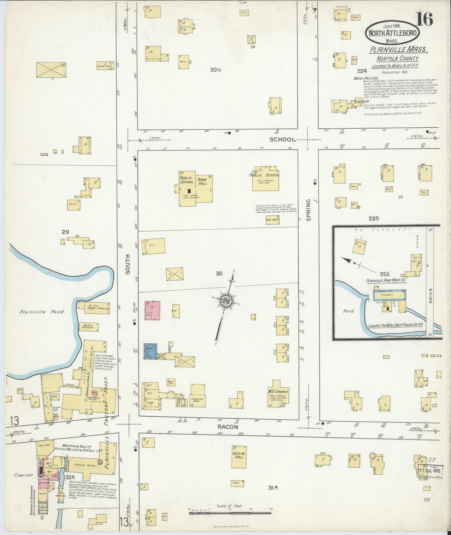 Sanborn Fire Insurance Map from North Attleborough, Bristol County, Massachusetts (1916), Sheet #0016 - Historic Sanborn Fire Insurance Map Print, vintage old map wall art, antique decor, genealogy gift, Massachusetts Massachusetts map