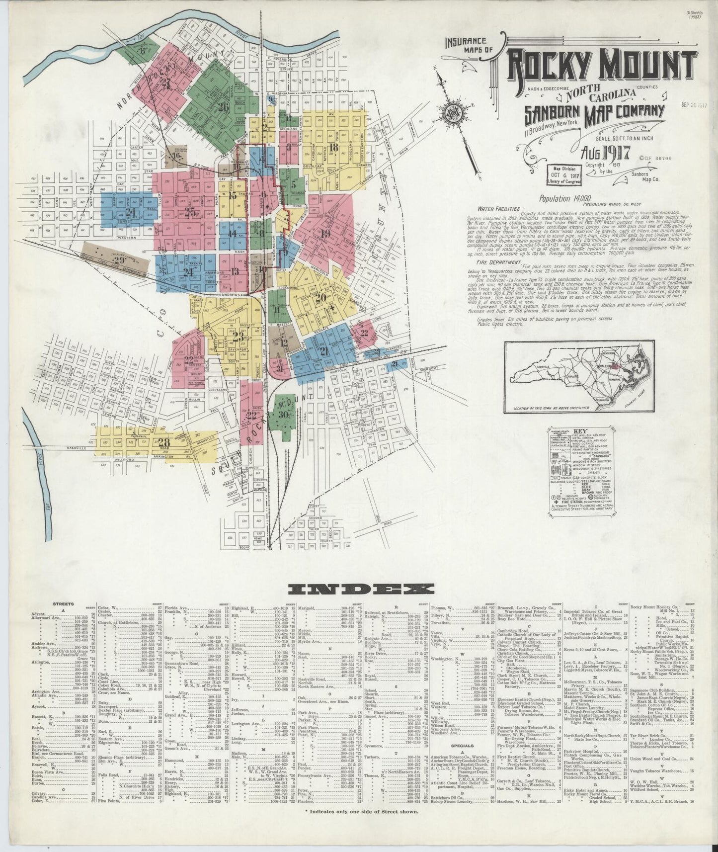Sanborn Fire Insurance Map from Rocky Mount, Edgecombe And Nash Counties, North Carolina (1917), Sheet #0001 - Complete Map Set gallery image, historic Sanborn map, vintage wall art, North Carolina North Carolina