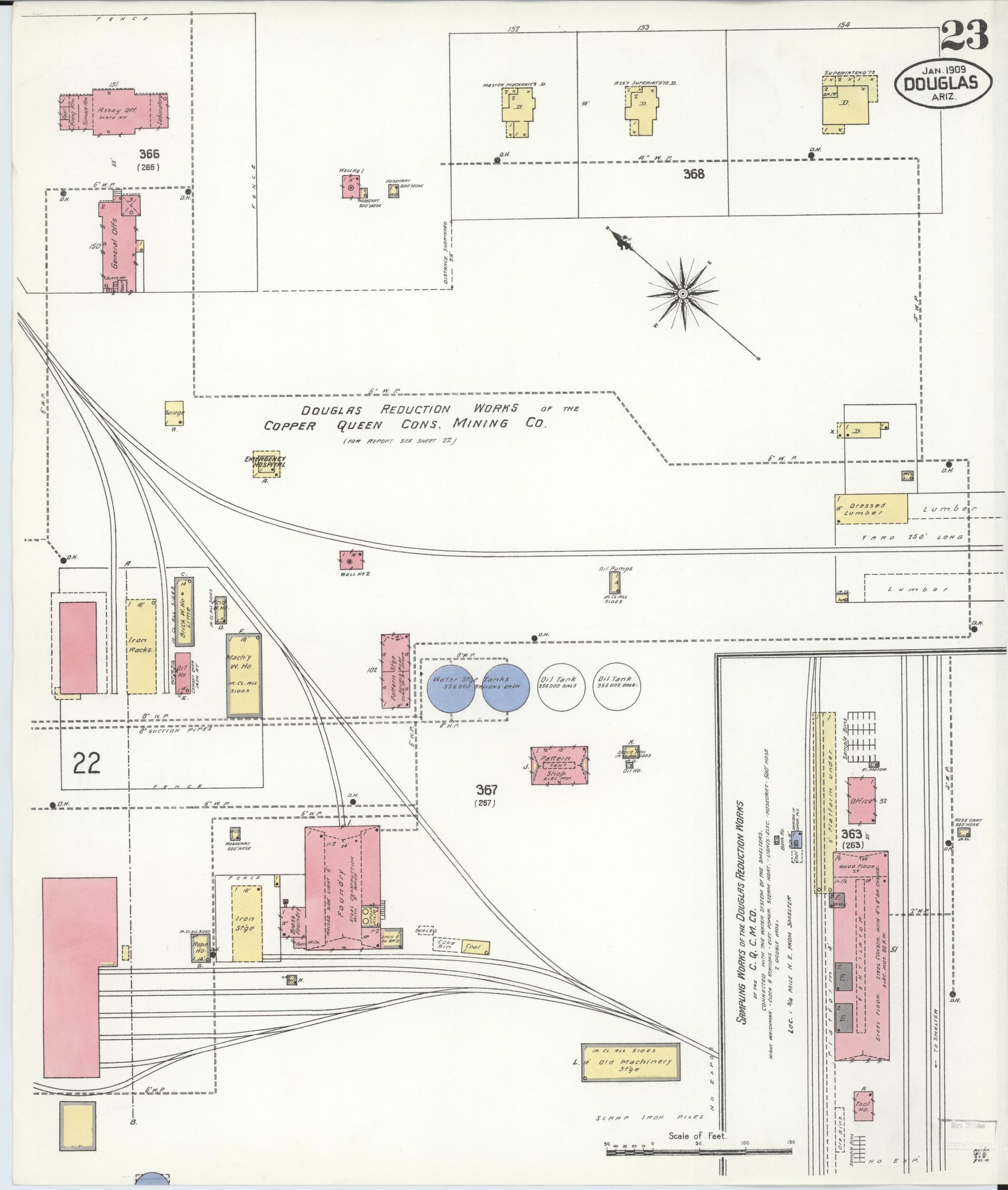 Sanborn Fire Insurance Map from Douglas, Cochise County, Arizona (1909), Sheet #0023 - Historic Sanborn Fire Insurance Map Print, vintage old map wall art, antique decor, genealogy gift, Arizona Arizona map