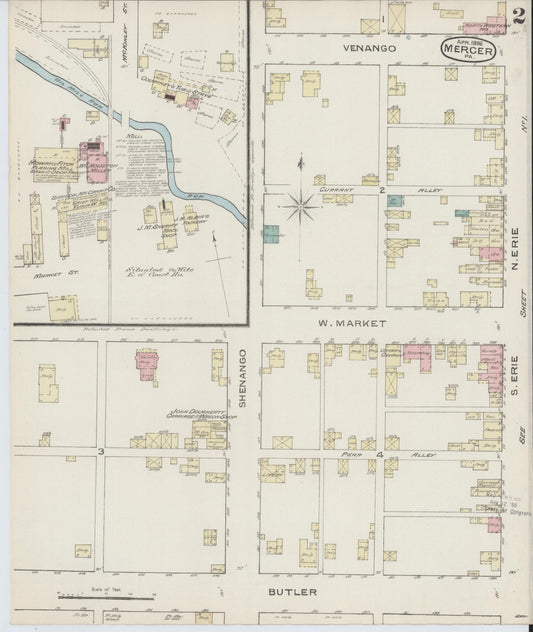 Sanborn Fire Insurance Map from Mercer, Mercer County, Pennsylvania (1886), Sheet #0002 - Historic Sanborn Fire Insurance Map Print, vintage old map wall art, antique decor, genealogy gift, Pennsylvania Pennsylvania map