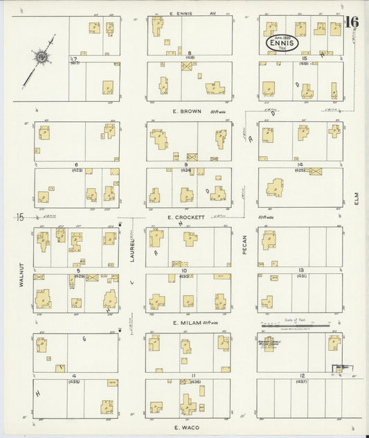 Sanborn Fire Insurance Map from Ennis, Ellis County, Texas (1920), Sheet #0016 - Historic Sanborn Fire Insurance Map Print, vintage old map wall art, antique decor, genealogy gift, Texas Texas map