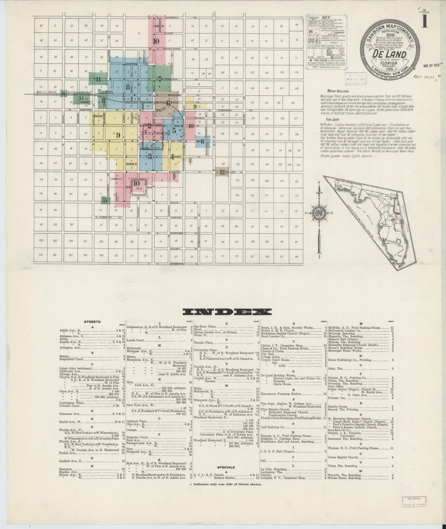 Sanborn Fire Insurance Map from De Land, Volusia County, Florida (1915), Sheet #0001 - Complete Map Set gallery image, historic Sanborn map, vintage wall art, Florida Florida