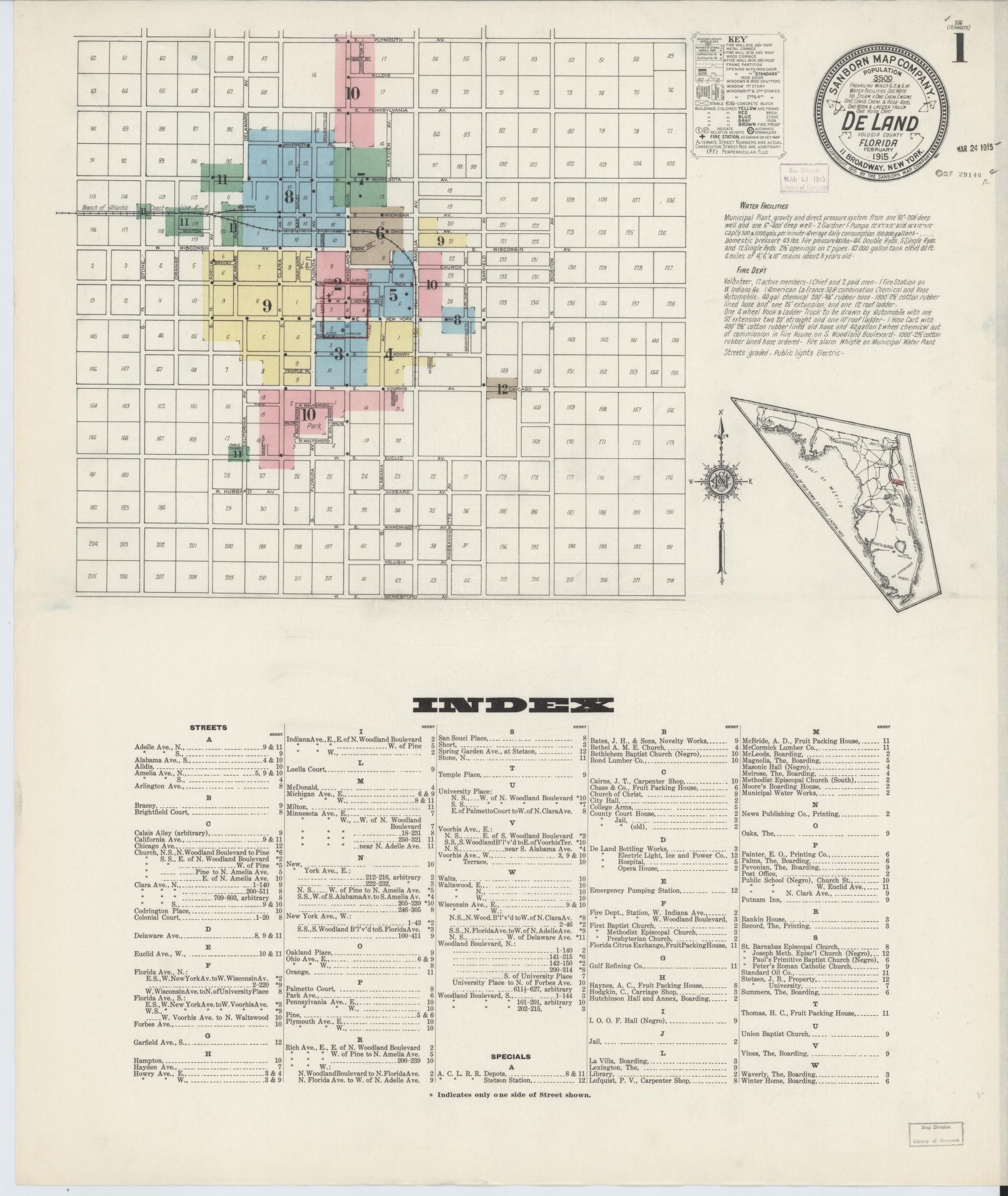 Sanborn Fire Insurance Map from De Land, Volusia County, Florida (1915), Sheet #0001 - Complete Map Set gallery image, historic Sanborn map, vintage wall art, Florida Florida