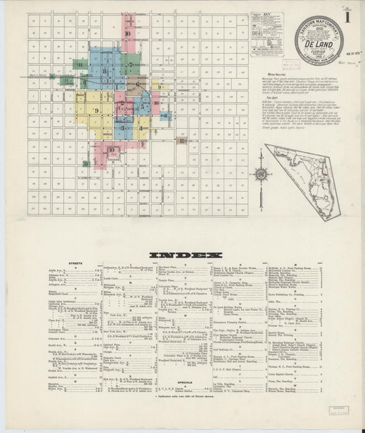 Sanborn Fire Insurance Map from De Land, Volusia County, Florida (1915), Sheet #0001 - Complete Map Set gallery image, historic Sanborn map, vintage wall art, Florida Florida