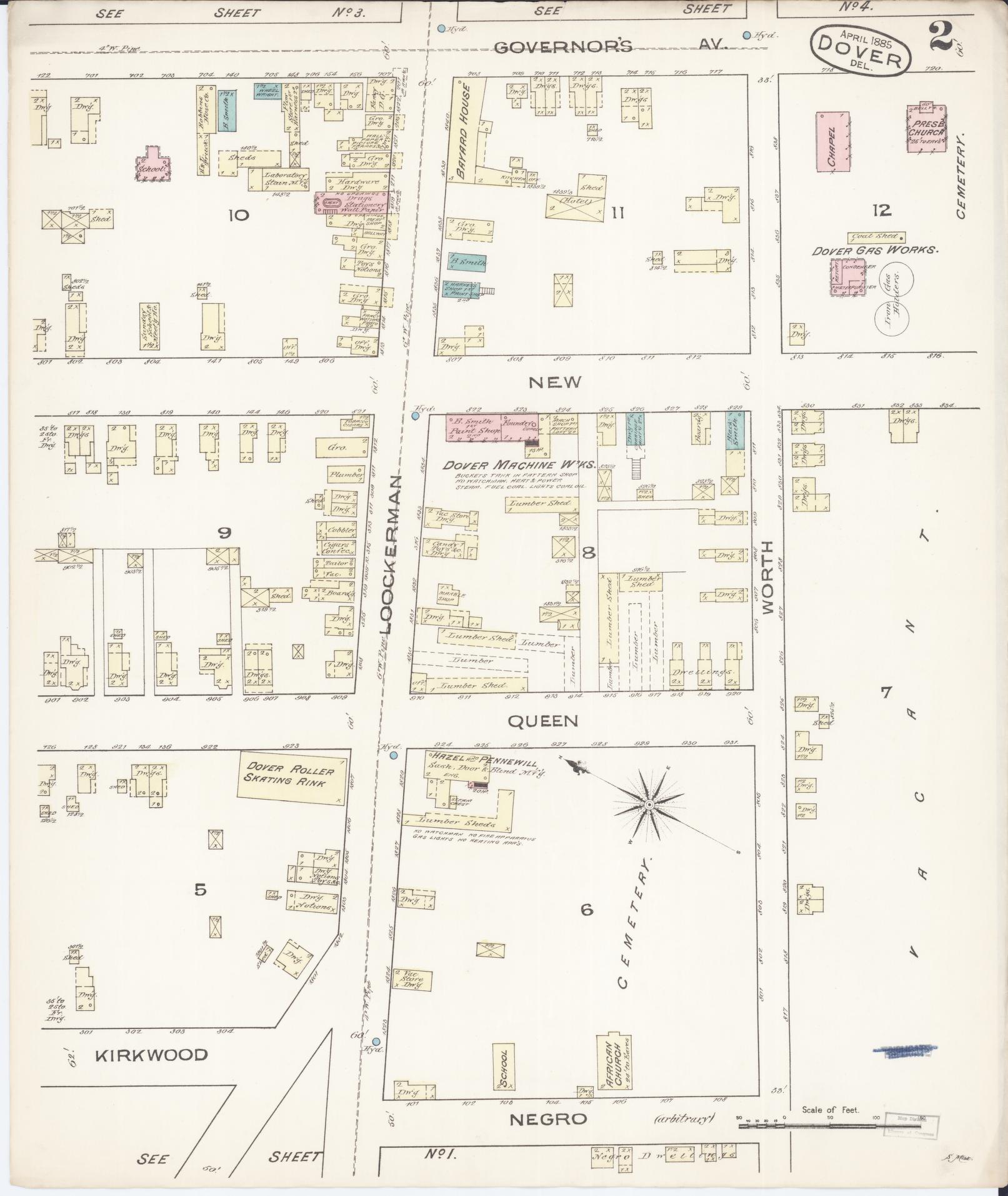 Sanborn Fire Insurance Map from Dover, Kent County, Delaware (1885), Sheet #0002 - Historic Sanborn Fire Insurance Map Print, vintage old map wall art, antique decor, genealogy gift, Delaware Delaware map