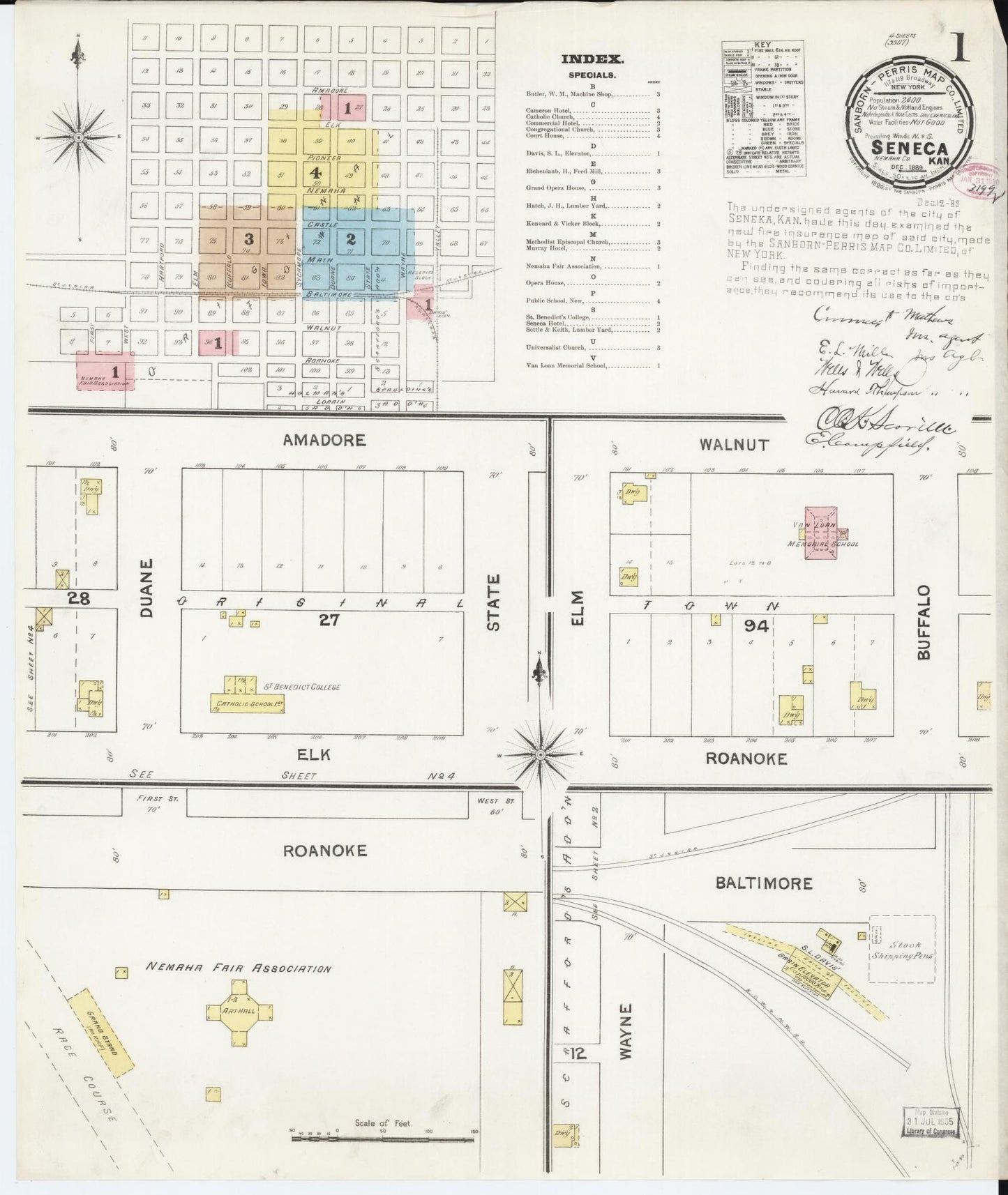 Sanborn Fire Insurance Map from Seneca, Nemaha County, Kansas (1889), Sheet #0001 - Historic Sanborn Fire Insurance Map Print, vintage old map wall art, antique decor, genealogy gift, Kansas Kansas map